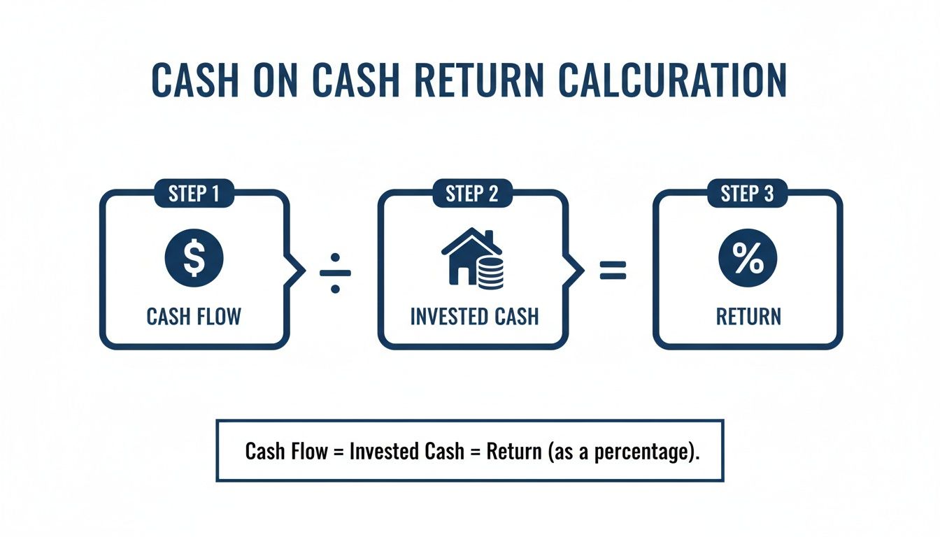 Diagram illustrating cash on cash return calculation: Cash Flow divided by Invested Cash equals Return percentage.
