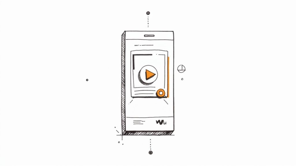 Mobile phone mockup displaying video content with play button and search icon illustration