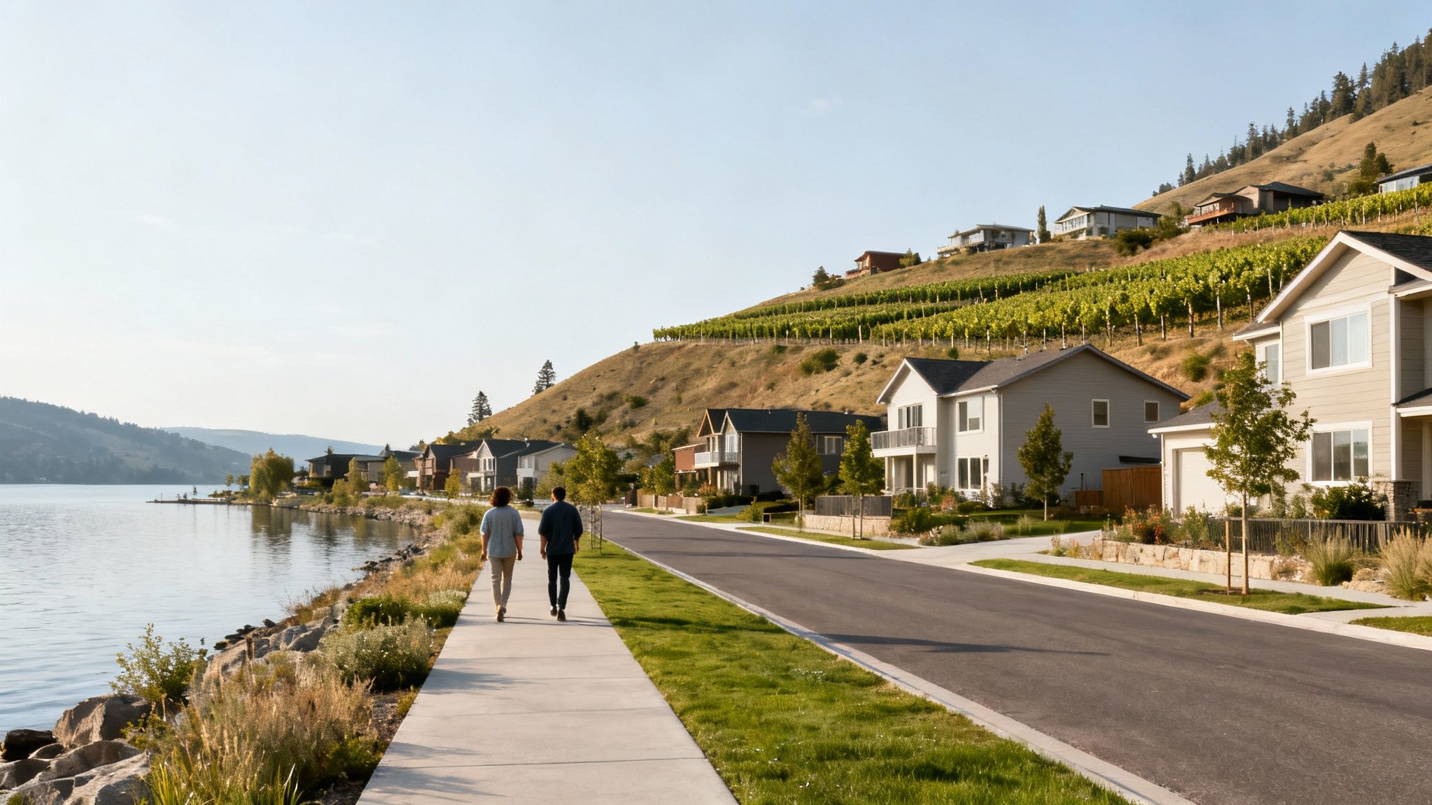 Two people walk along a lakeside path, with houses and vineyards on a sunny hill.