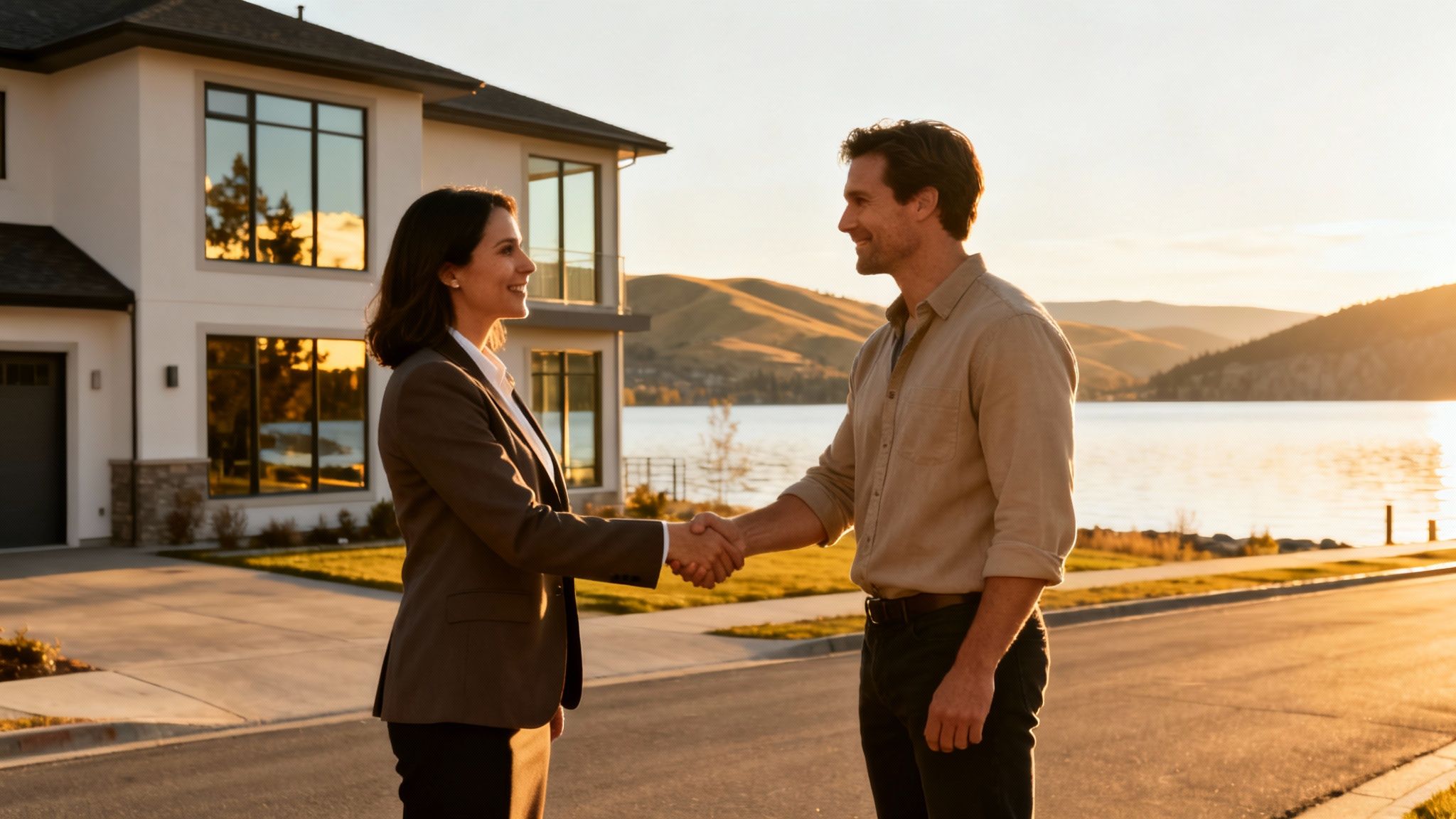Smiling real estate agent shaking hands with a client outside a modern house at sunset.