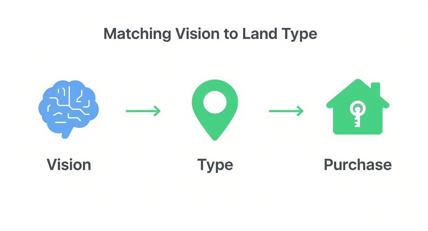 Diagram showing the process of matching a vision to land type, leading to a purchase.