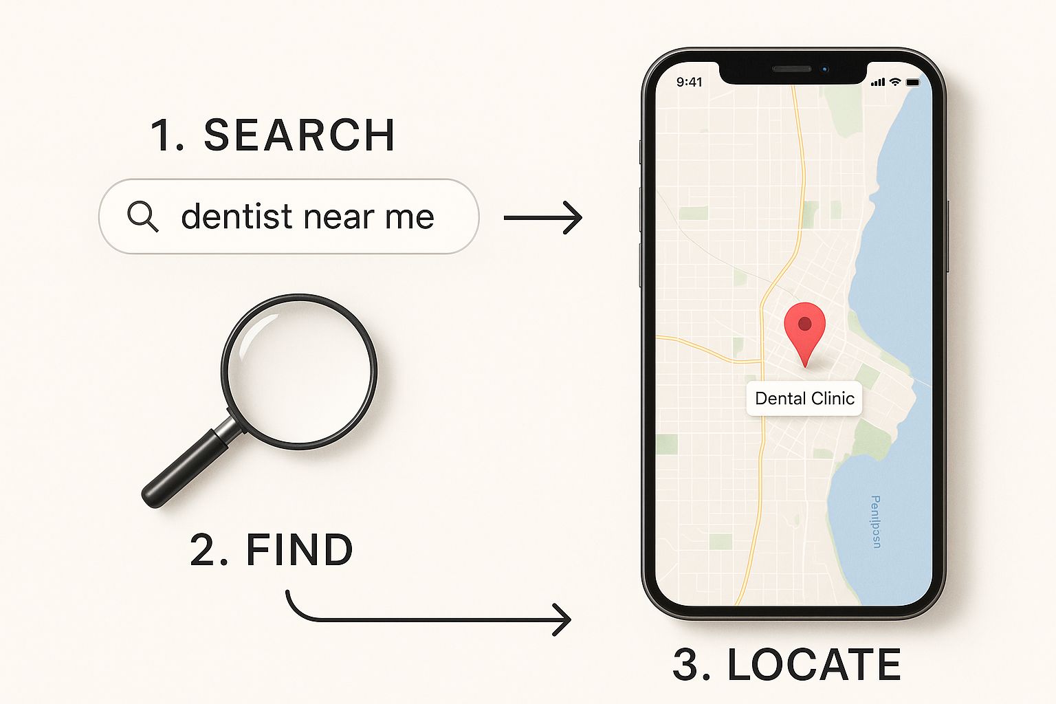 Infographic showing a smartphone with a Google Maps search for a dentist in Penticton, highlighting the local search process.