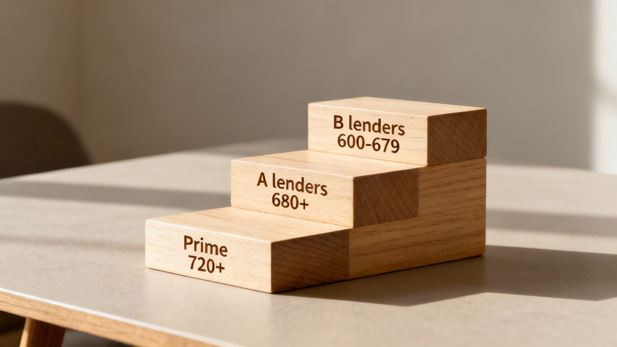 Wooden blocks illustrating credit score tiers for Prime, A, and B lenders, indicating mortgage eligibility.