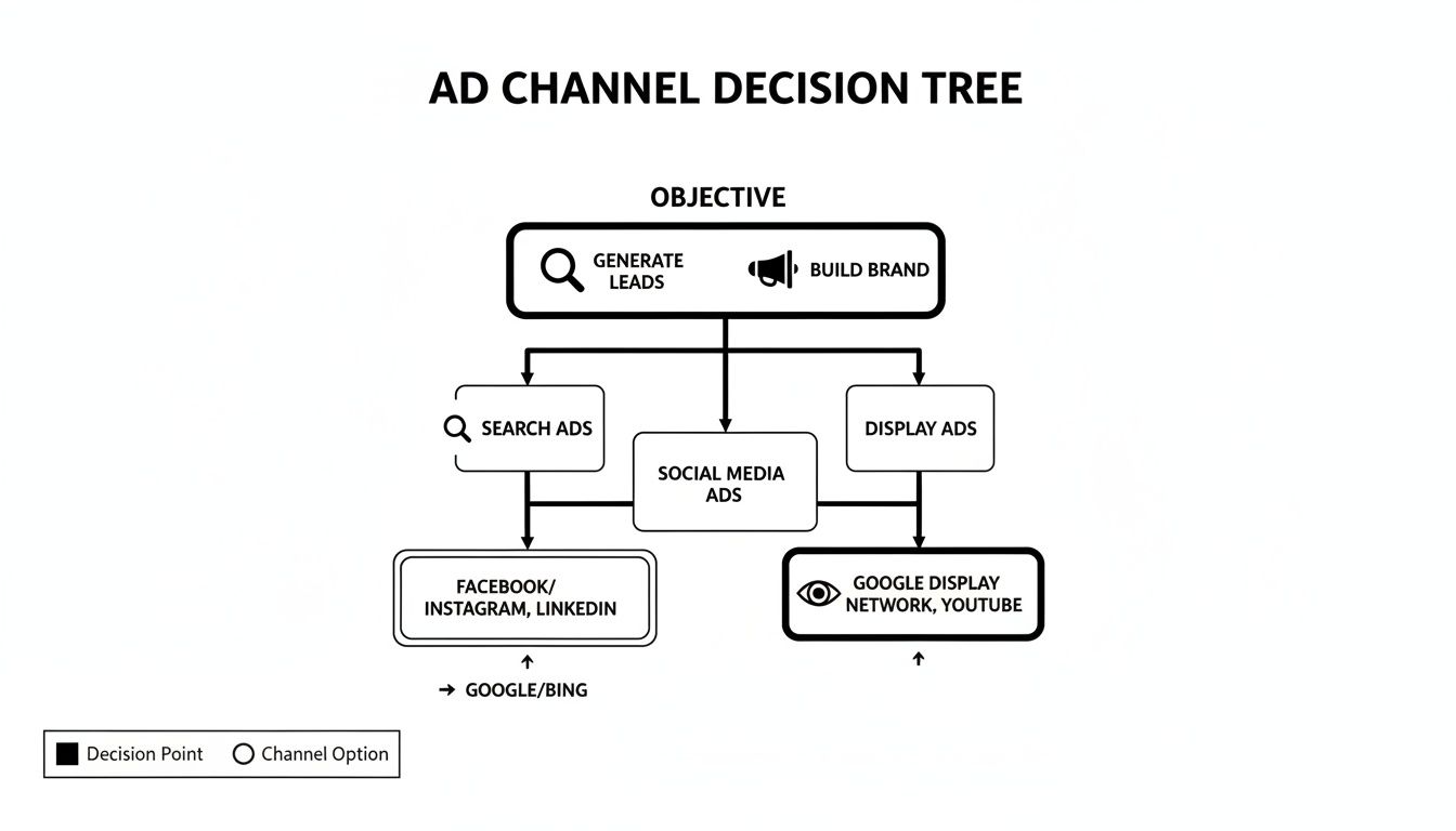 Ad channel decision tree outlining advertising options based on objectives like lead generation or brand building.