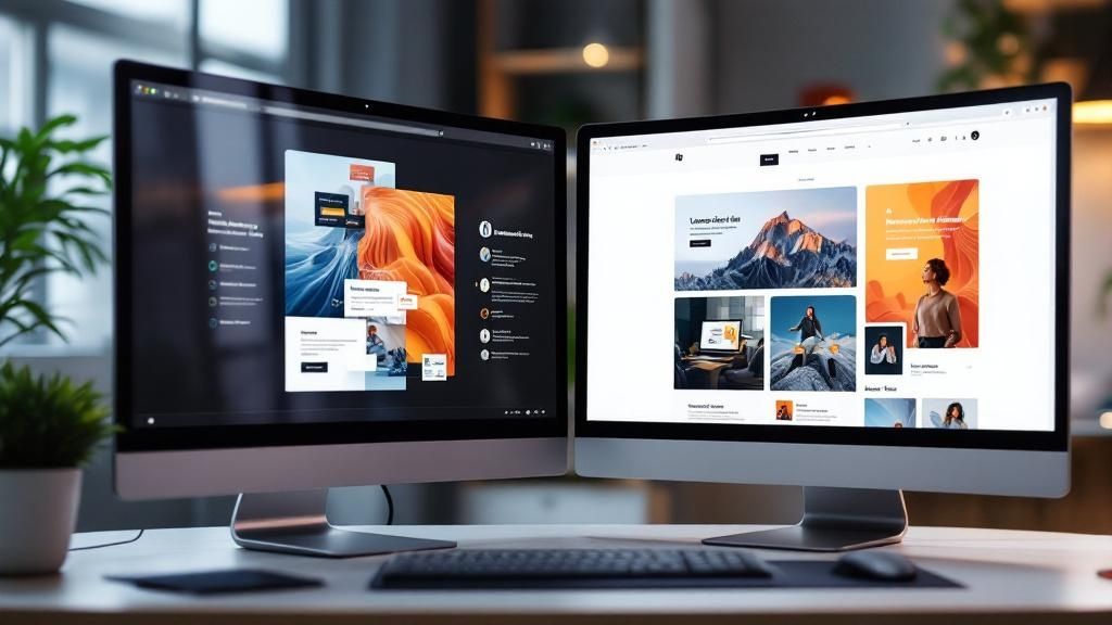 A person comparing two different web page designs on a screen.