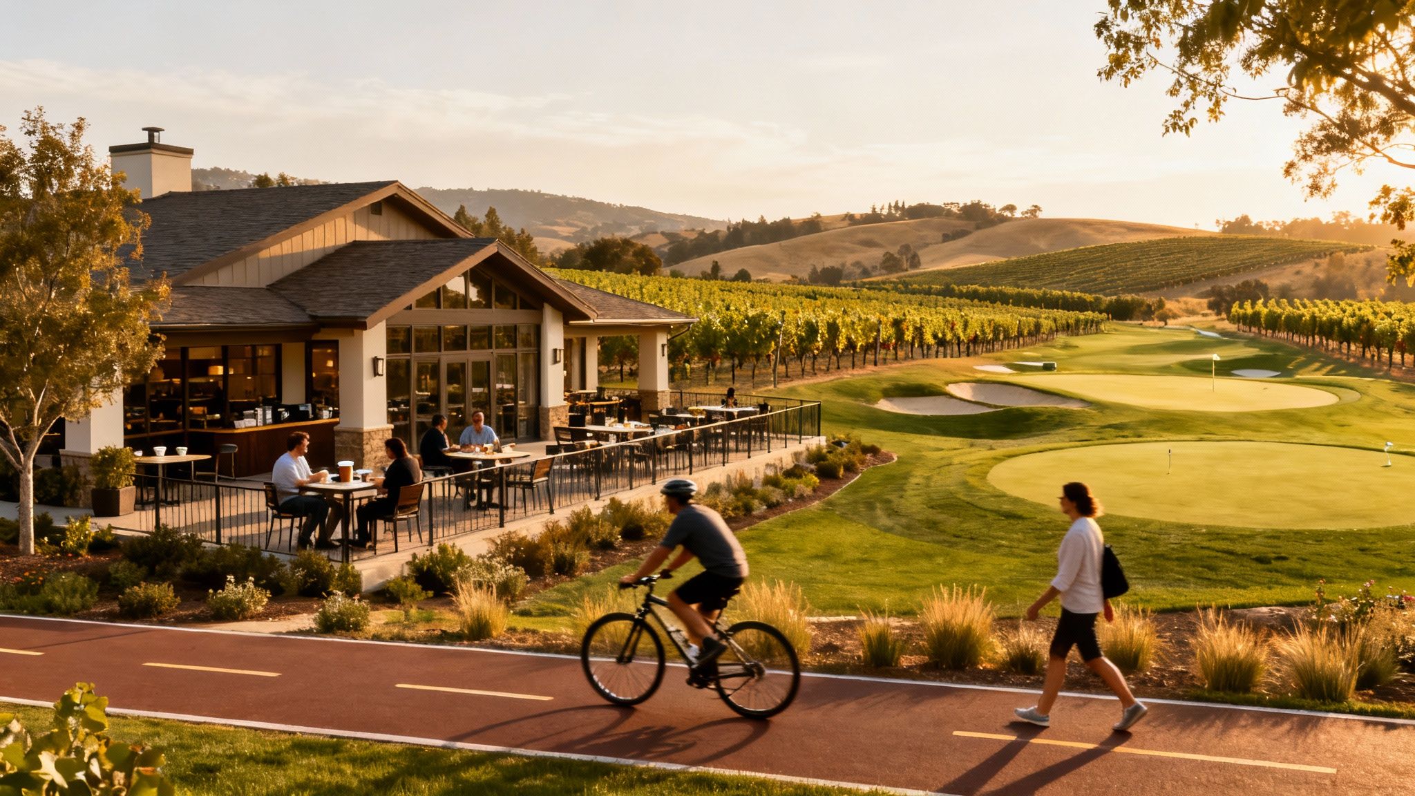 Golden hour view of a clubhouse patio, vineyard, and golf course with people walking and cycling.