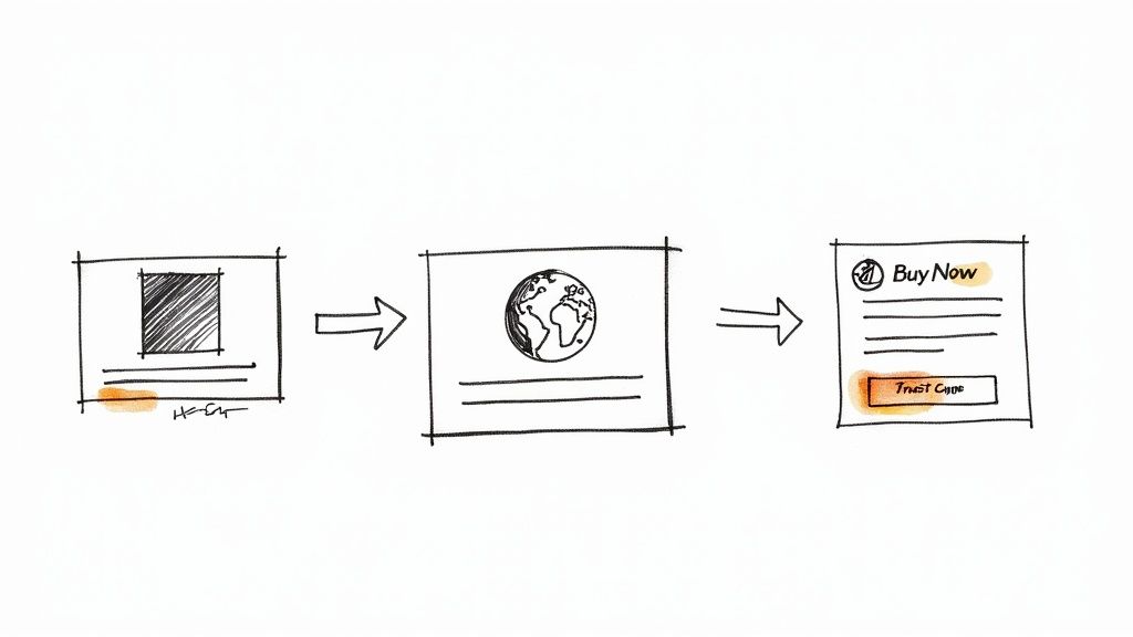 A woman smiling while looking at an ecommerce website on her laptop, with a colourful background suggesting creativity and conversion.