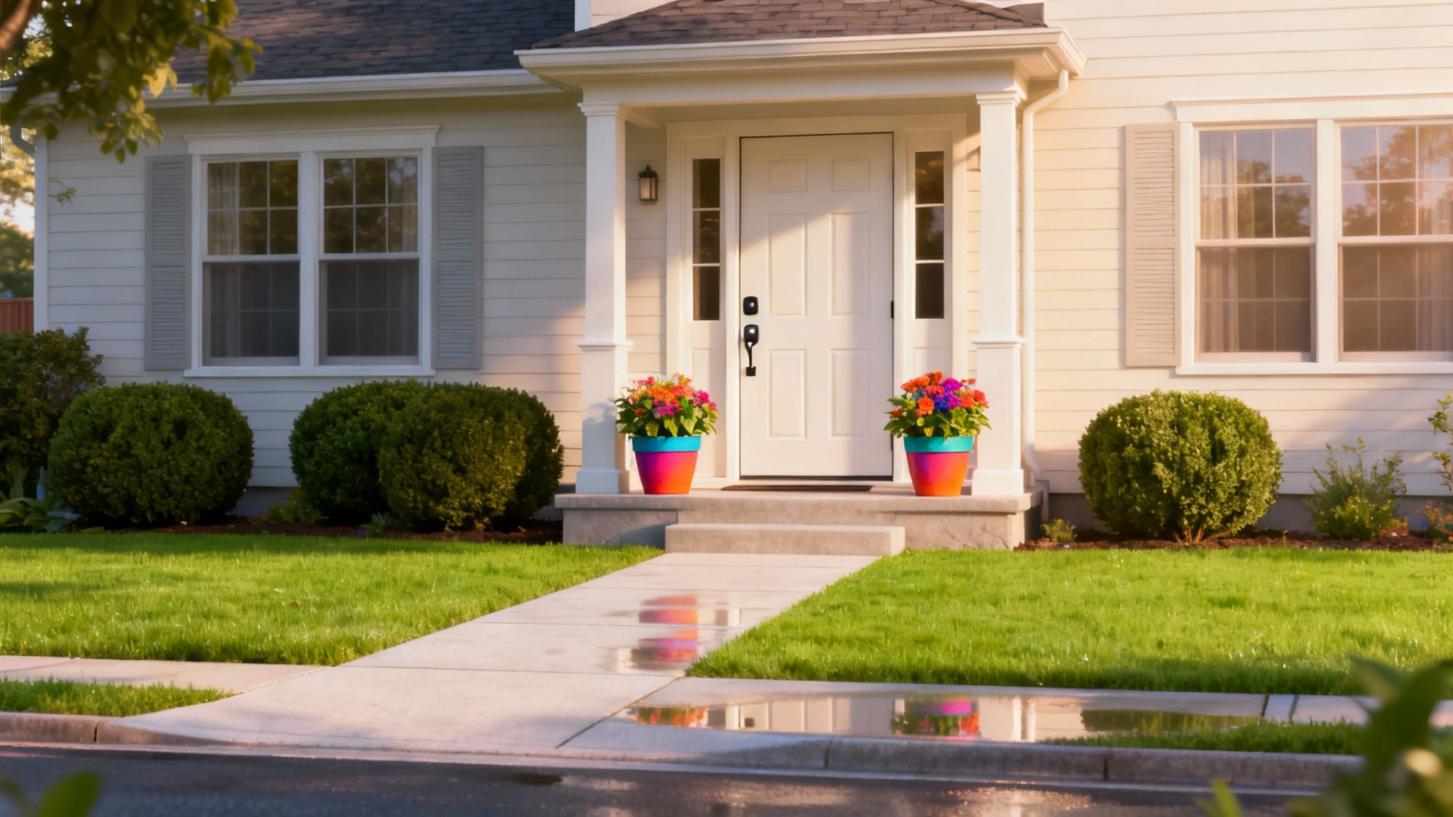 A welcoming white house with a vibrant green lawn and colorful potted flowers by the front door.