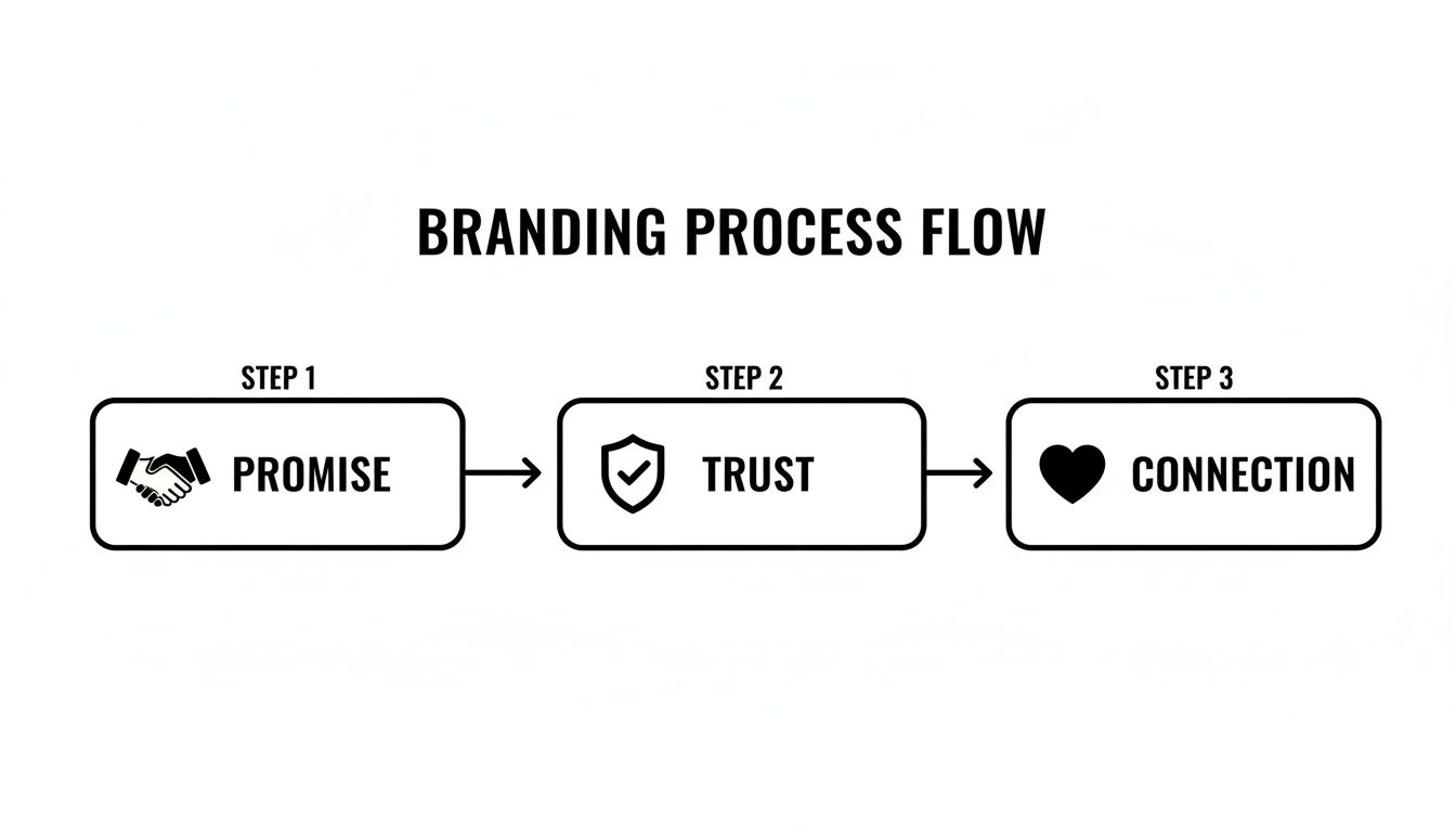 A branding process flow diagram showing three steps: promise, trust, and connection with icons.