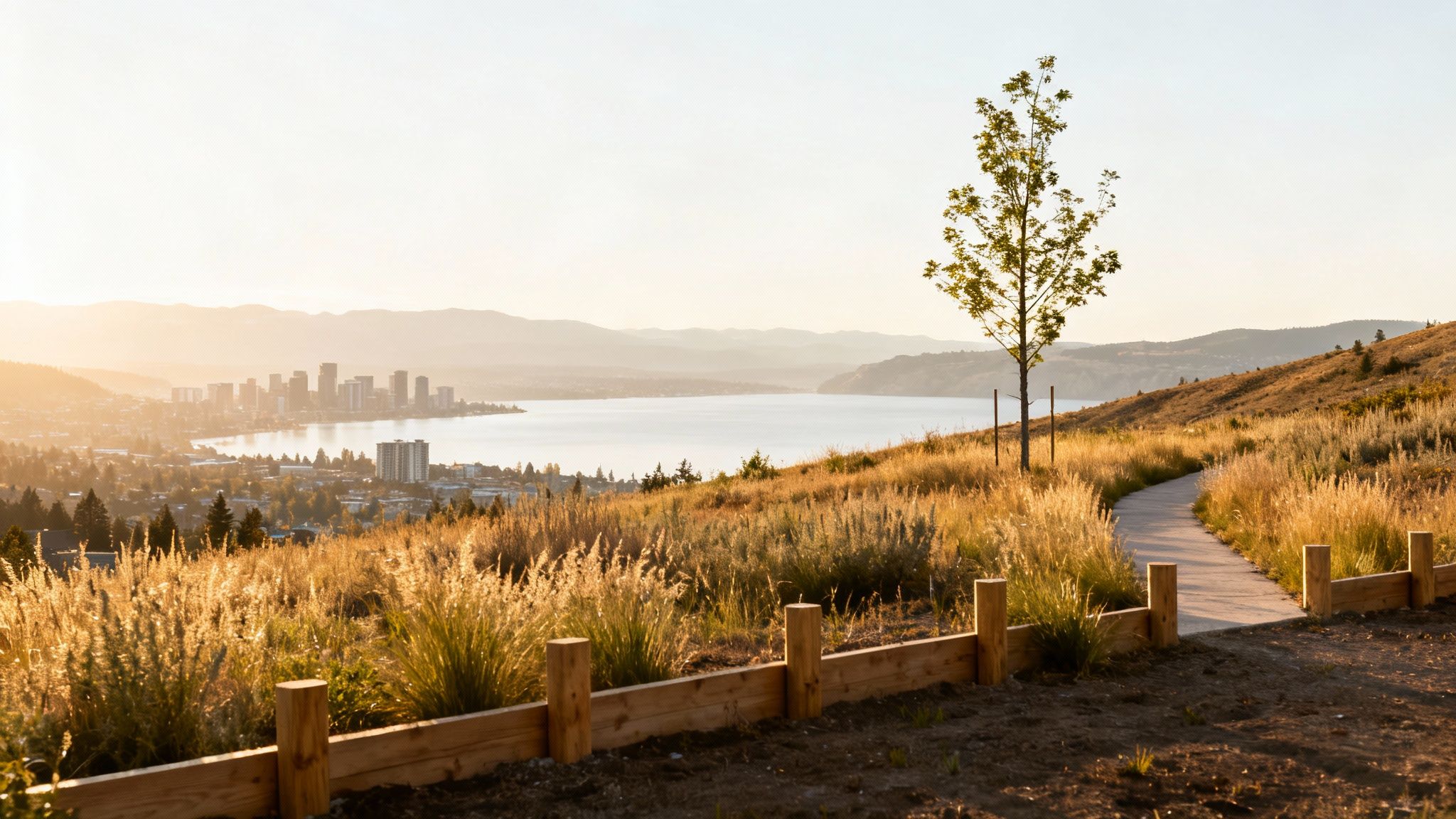 Golden hour panoramic view of Kelowna city skyline by a lake, seen from a grassy hillside with a path and a young tree.