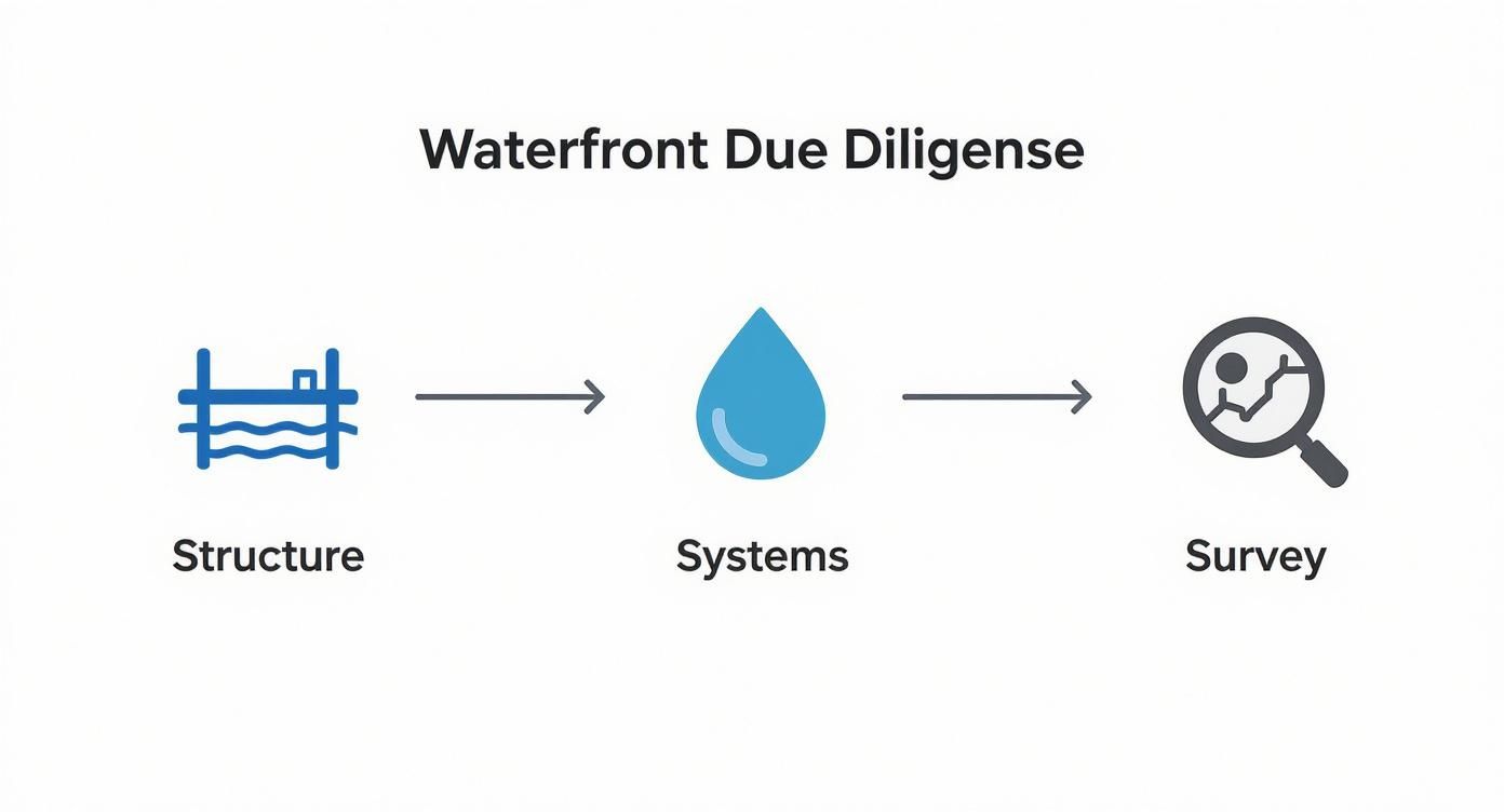 A diagram titled 'Waterfront Due Diligence' showing icons for Structure, Systems, and Survey steps.