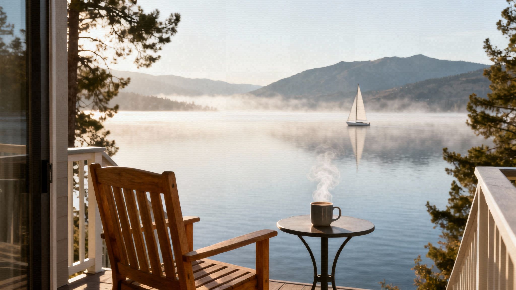 Scenic view of a steaming coffee cup on a balcony overlooking a misty lake with a sailboat.