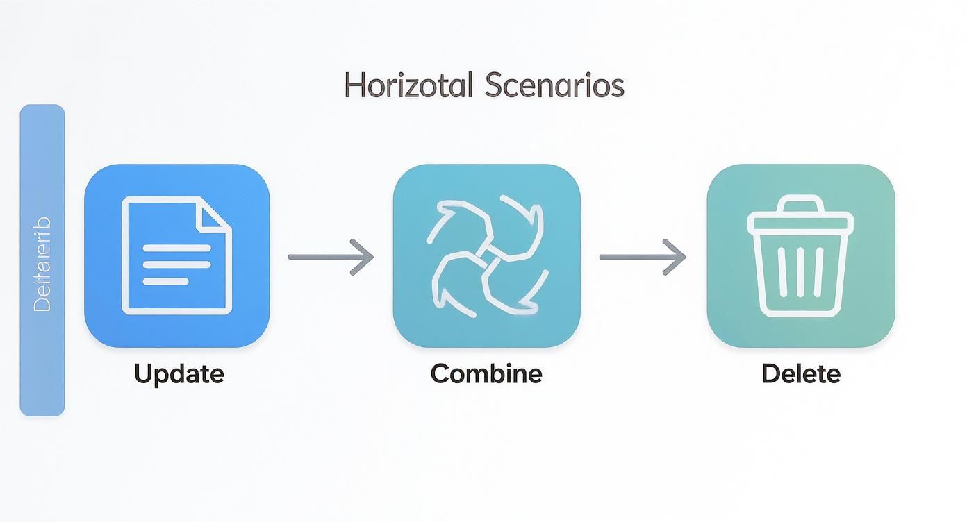 Horizontal flowchart illustrating data operations: Update (document icon), Combine (arrows icon), and Delete (trash icon).