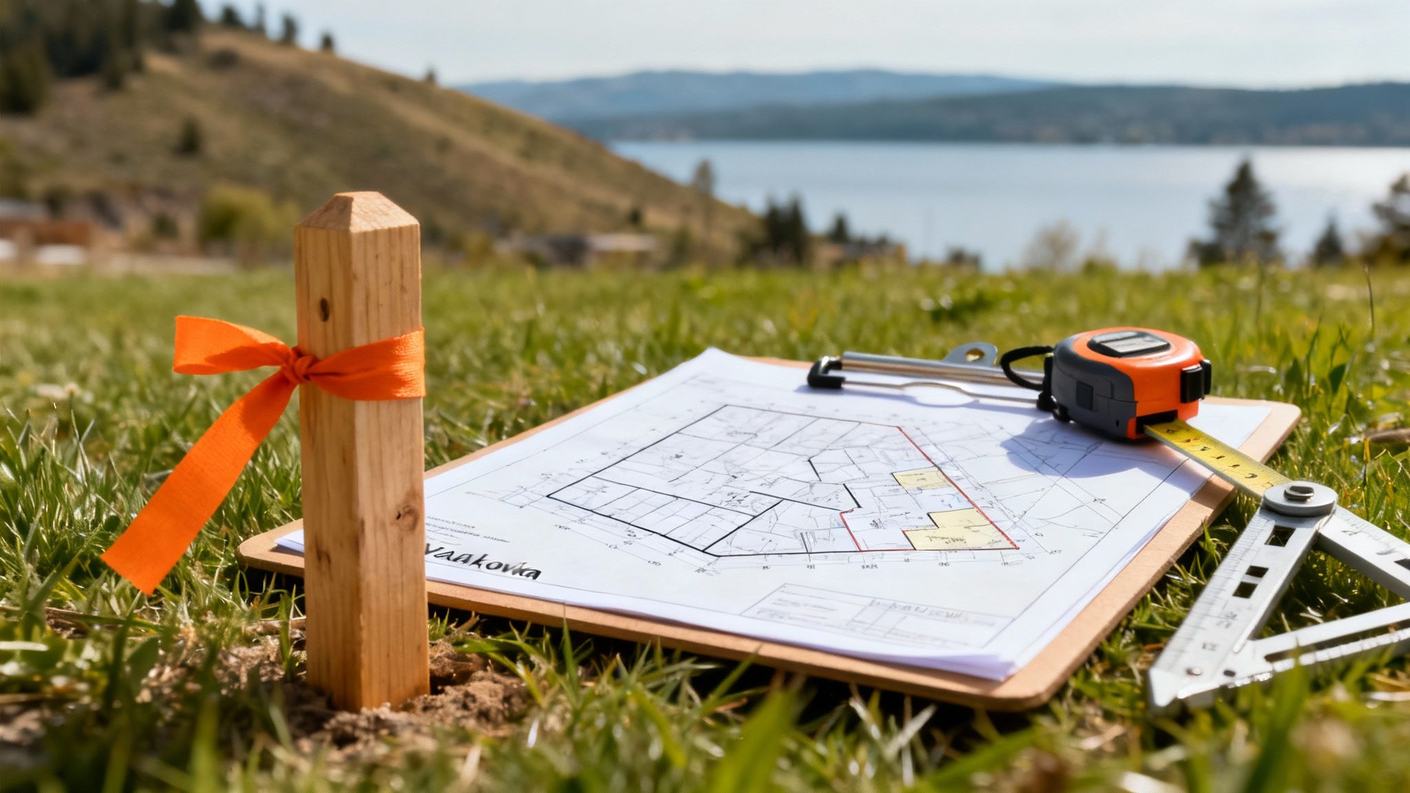 A person reviewing blueprints and legal documents on a wooden table, with a pen and calculator nearby, signifying the due diligence process.