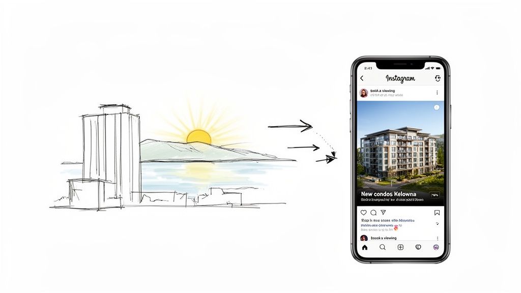 Concept sketch of a city and sun transforming into a digital real estate advertisement on a smartphone.