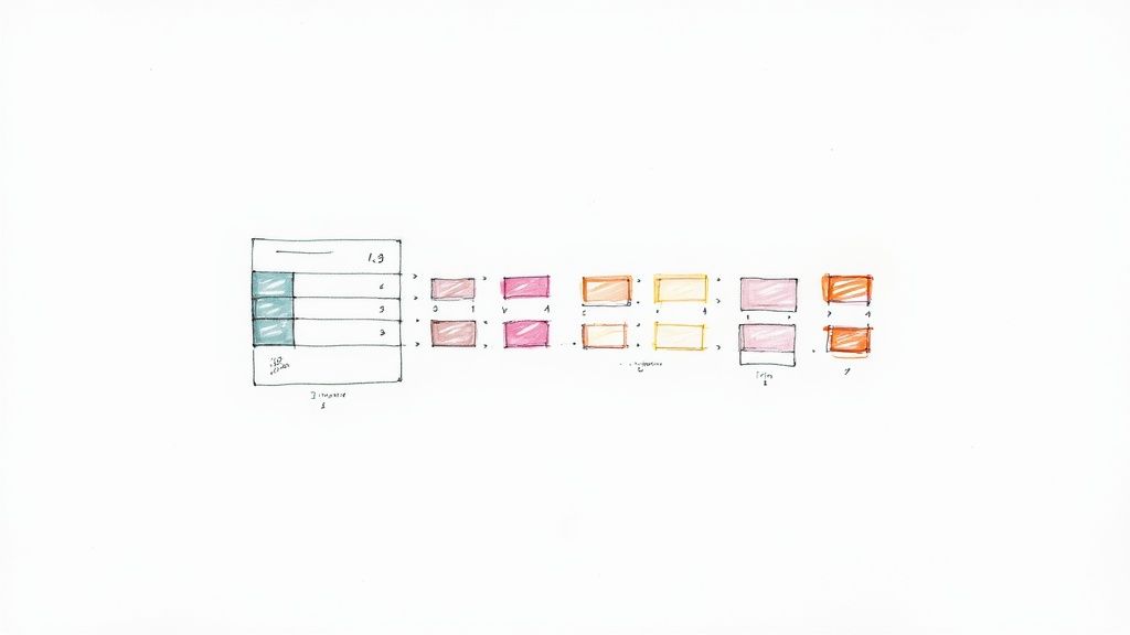 Hand-drawn sketch of UI design concept showing color swatches, numerical labels, and wireframe elements.