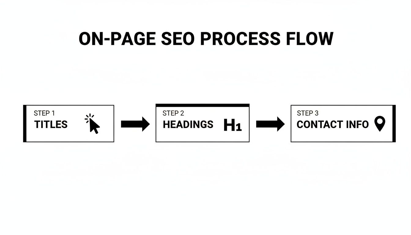 Flowchart illustrating a three-step on-page SEO process: Titles, Headings (H1), and Contact Info.