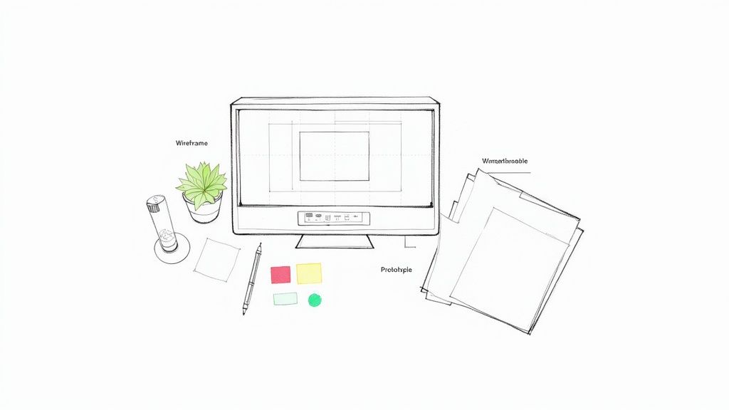 Overhead view of a design workspace showing a wireframe on a monitor, paper prototypes, and design tools.