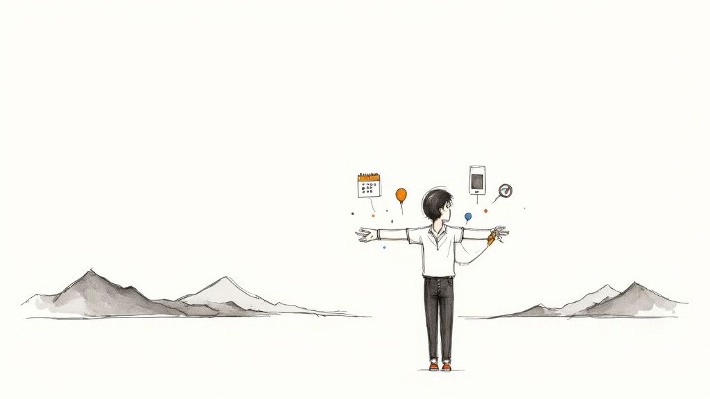 A person balances various daily life items like a calendar, phone, and keys, representing life's demands.