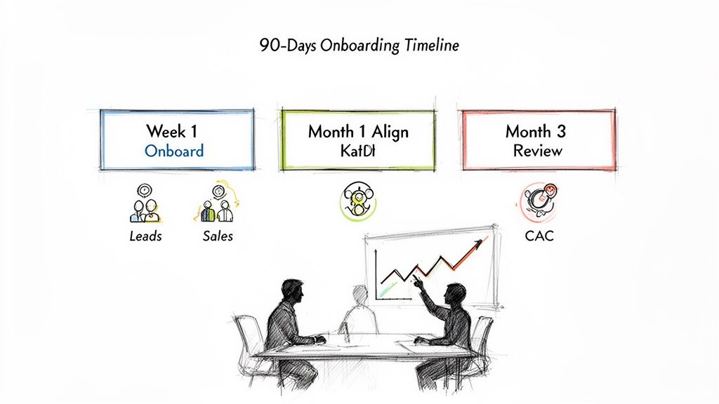 Illustration of a 90-Days Onboarding Timeline with key stages, metrics, and a team meeting.