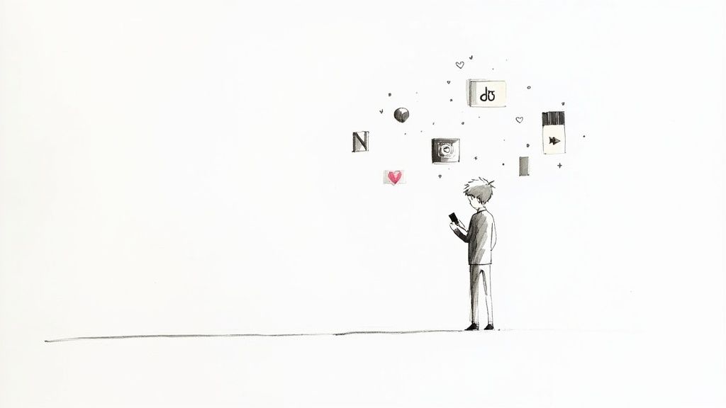 Person looking at phone with floating social media icons and hearts above