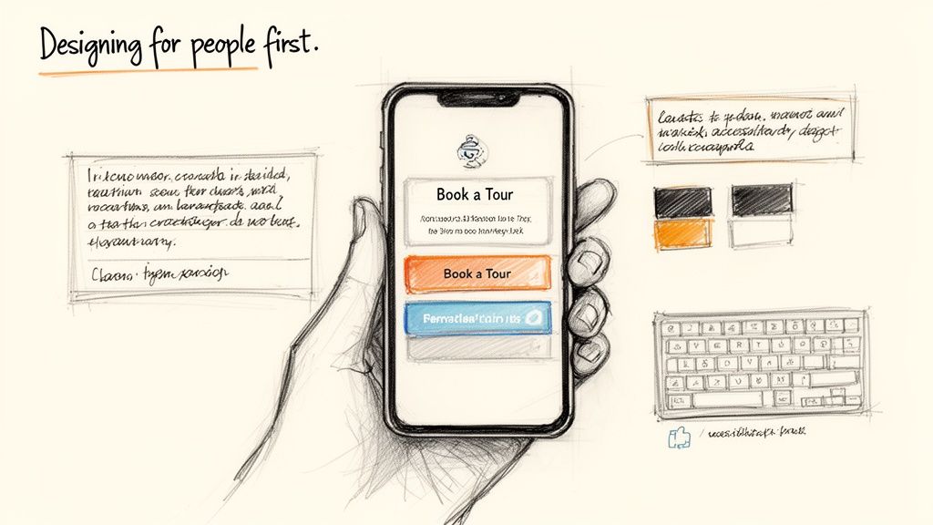 Hand-drawn UI/UX design sketch featuring a smartphone app, buttons, and design concepts.