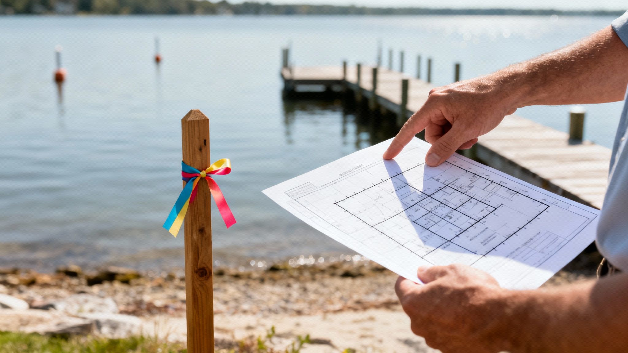 A person's hands reviewing architectural plans by a beautiful lake with a dock.