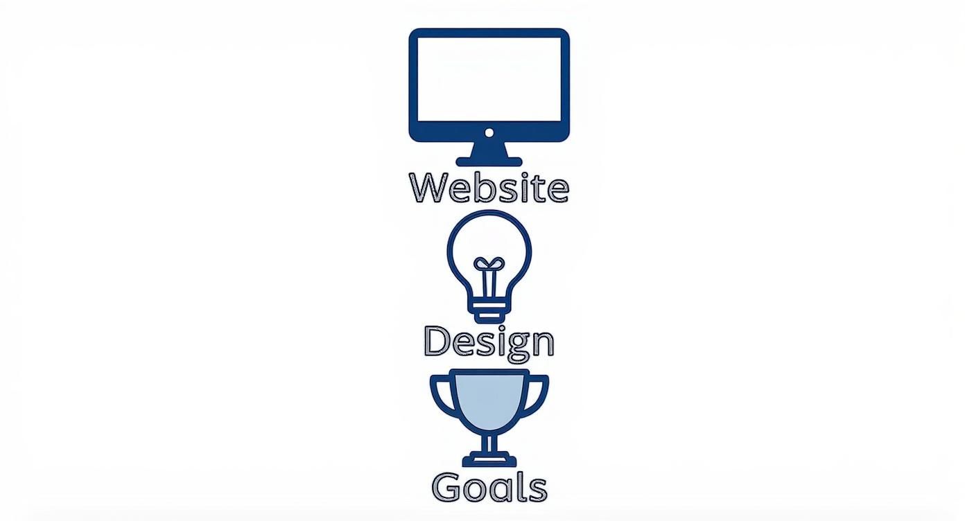 Infographic showing a hierarchy where a website's success is built on design, which in turn leads to achieving business goals.
