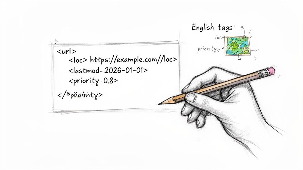 A sketched hand writes sitemap XML code with loc, lastmod, and priority tags, explaining English equivalents.