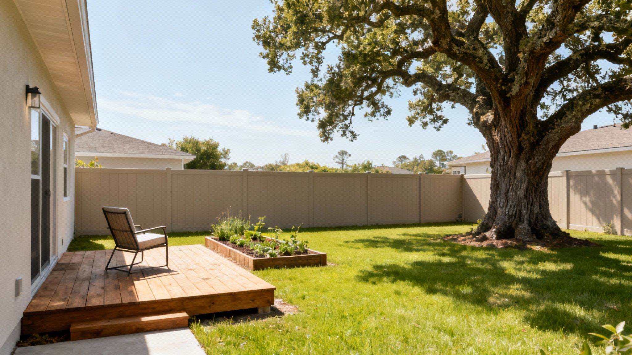 A beautiful backyard with a lush green lawn, mature trees, and a well-maintained patio set, showcasing an ideal outdoor space.