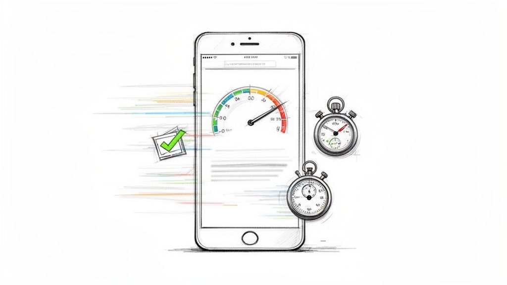 Illustration of a smartphone running a speed test with stopwatches and a checkmark, symbolizing fast performance.