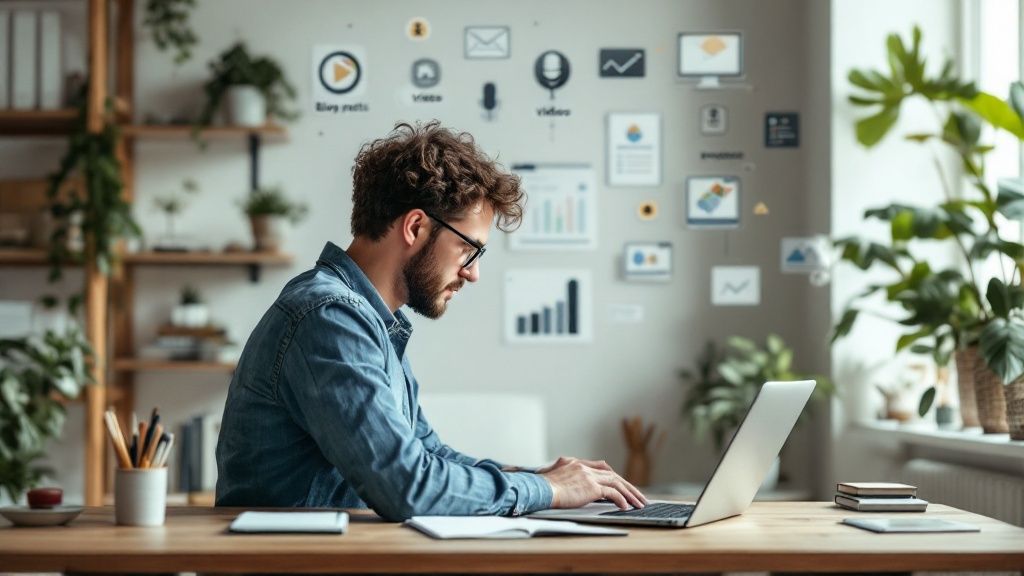 A person working on a laptop, surrounded by icons representing different types of content like video, blogs, and social media, illustrating the concept of content marketing.