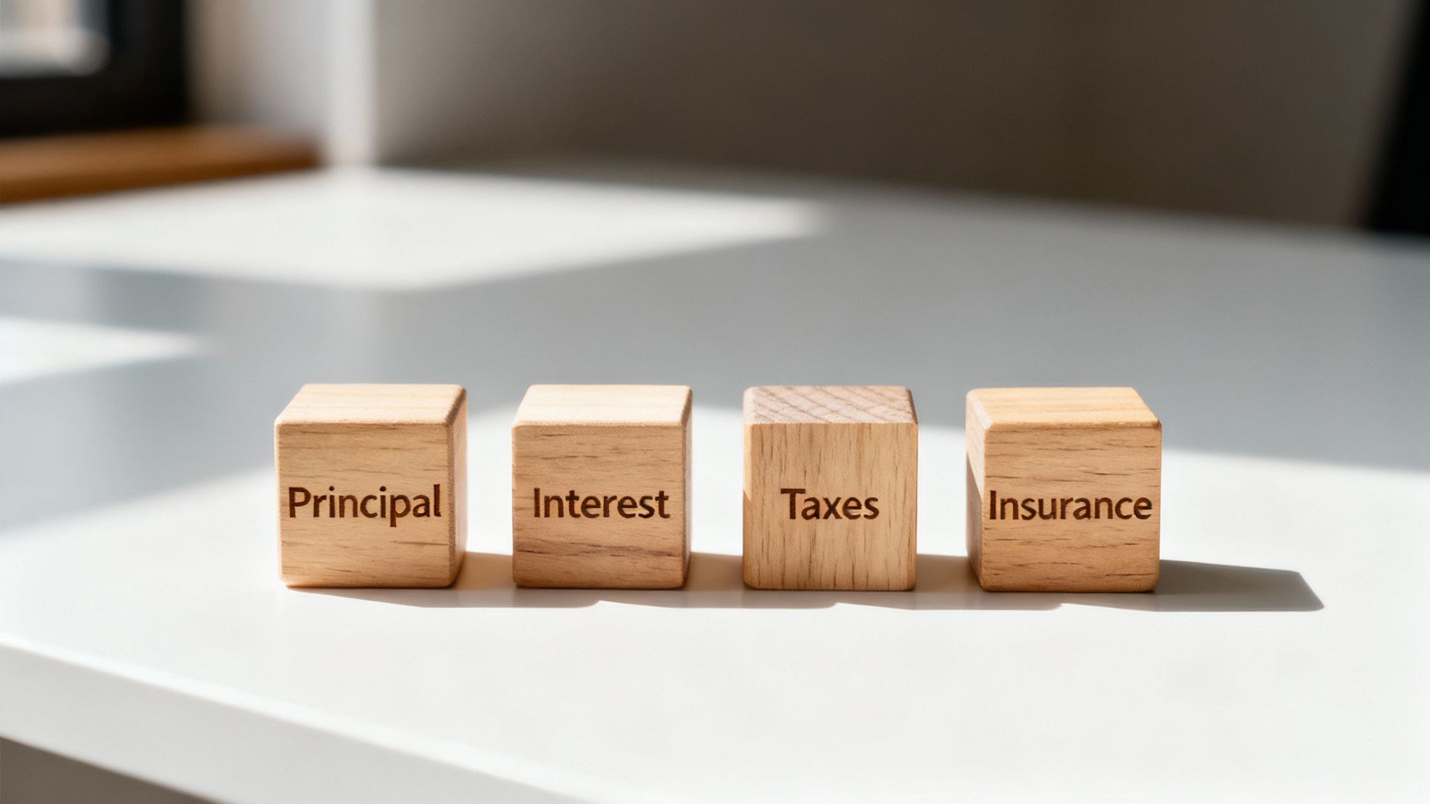A close-up of a property tax bill and a home insurance policy document laid out on a wooden desk next to a calculator.