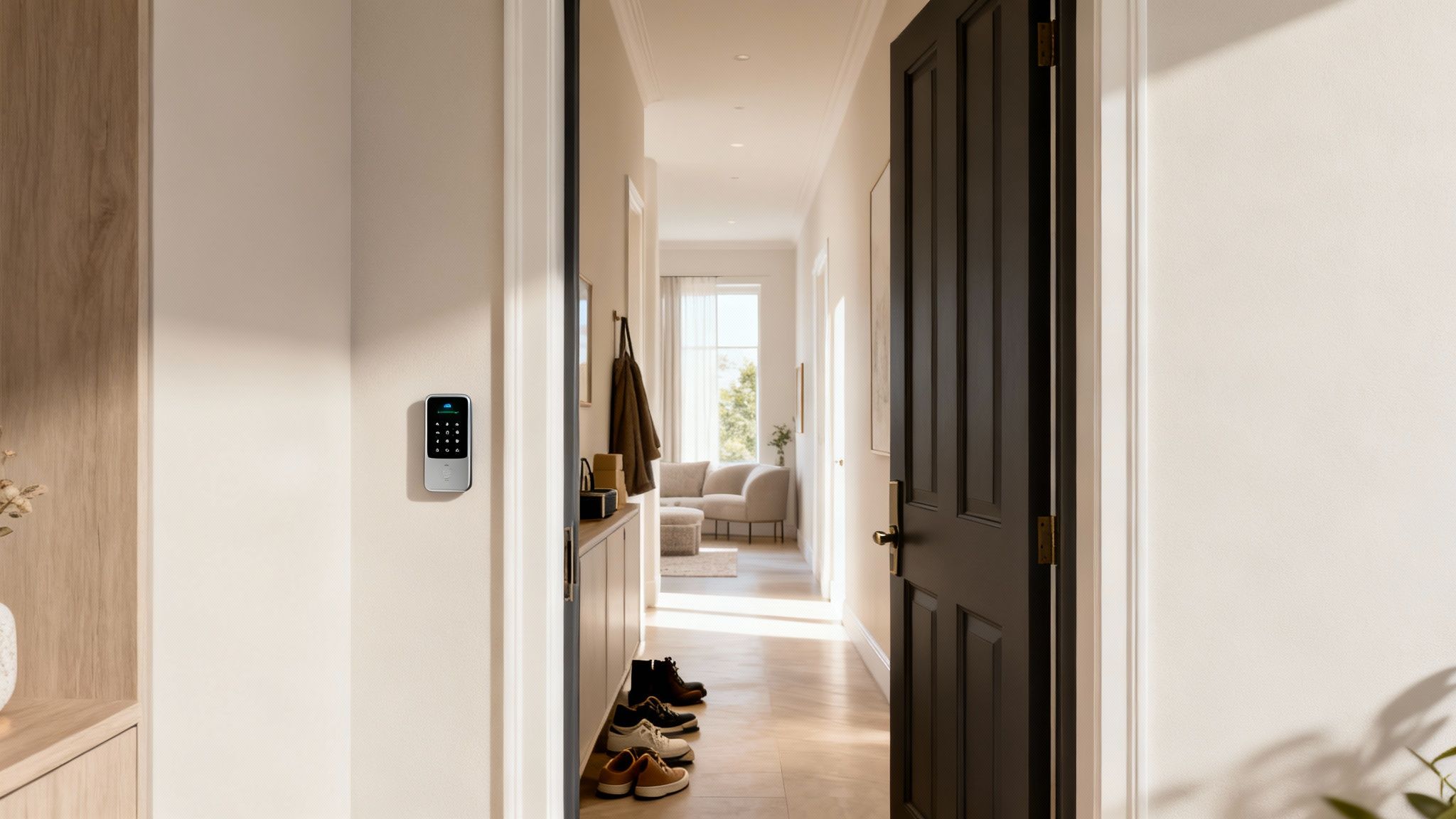 A modern hallway with a smart lock on the wall, an open door, and shoes on the floor.