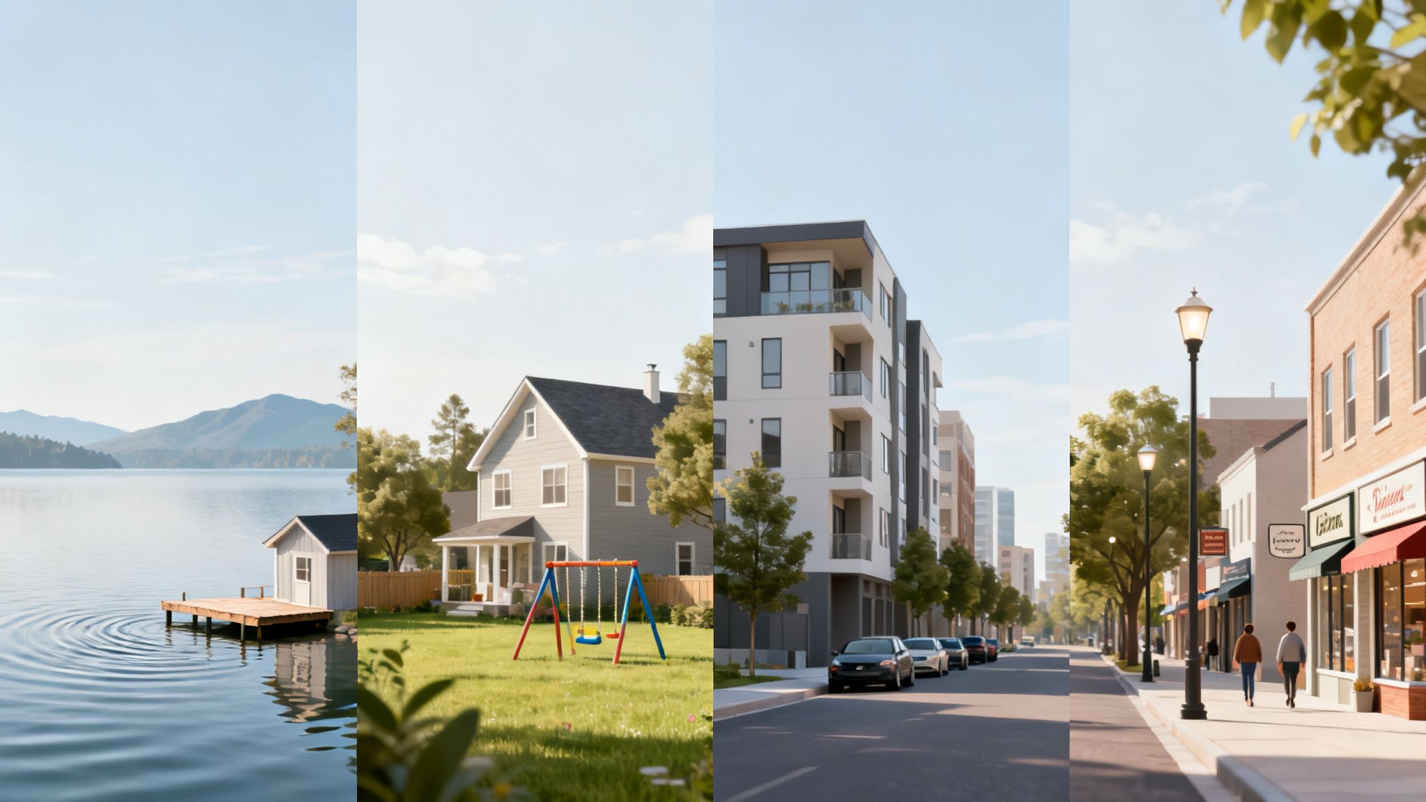 Diverse housing options: lakeside cabin, suburban home, city apartments, and urban street.