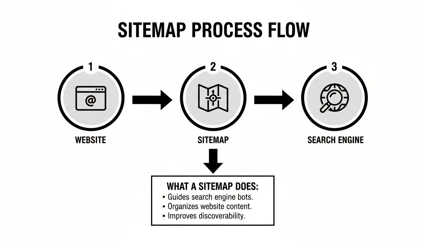 Sitemap process flow diagram showing website, sitemap, and search engine interaction, detailing sitemap's benefits.