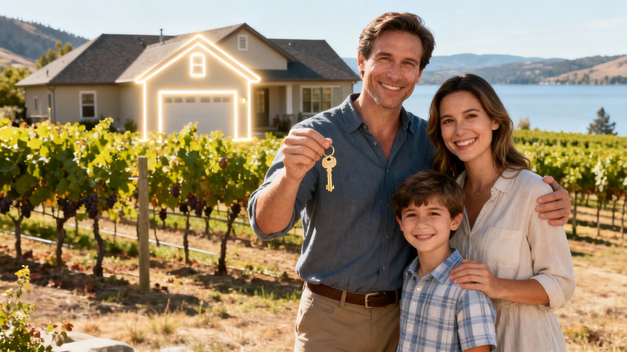 A happy family standing in front of their new home in the Okanagan, symbolizing the benefits of the Principal Residence Exemption.