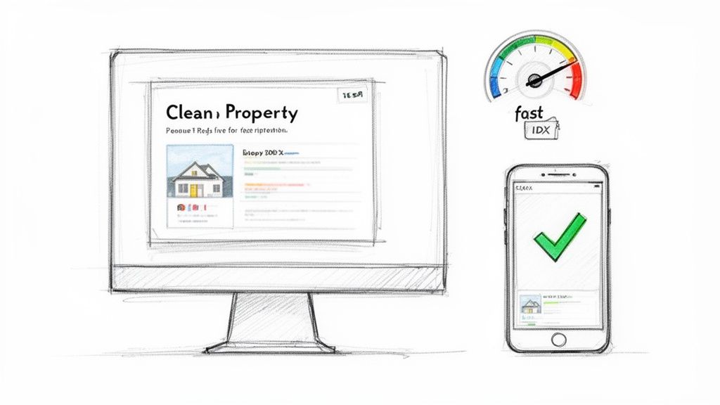 Sketch of a computer and phone showing fast IDX real estate property listings with a green checkmark.