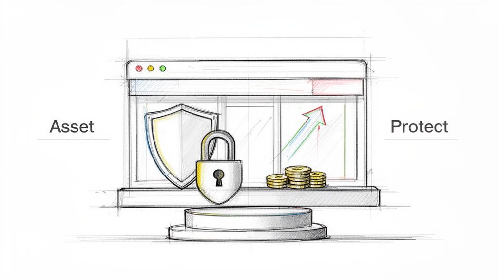 Sketch of a computer screen showing a shield, padlock, coins, and a growth arrow, symbolizing asset protection.