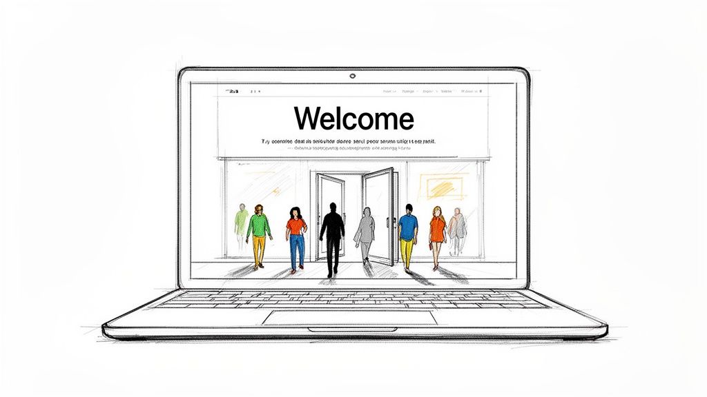 A sketch of a laptop displaying a 'Welcome' screen with diverse people entering a virtual space.