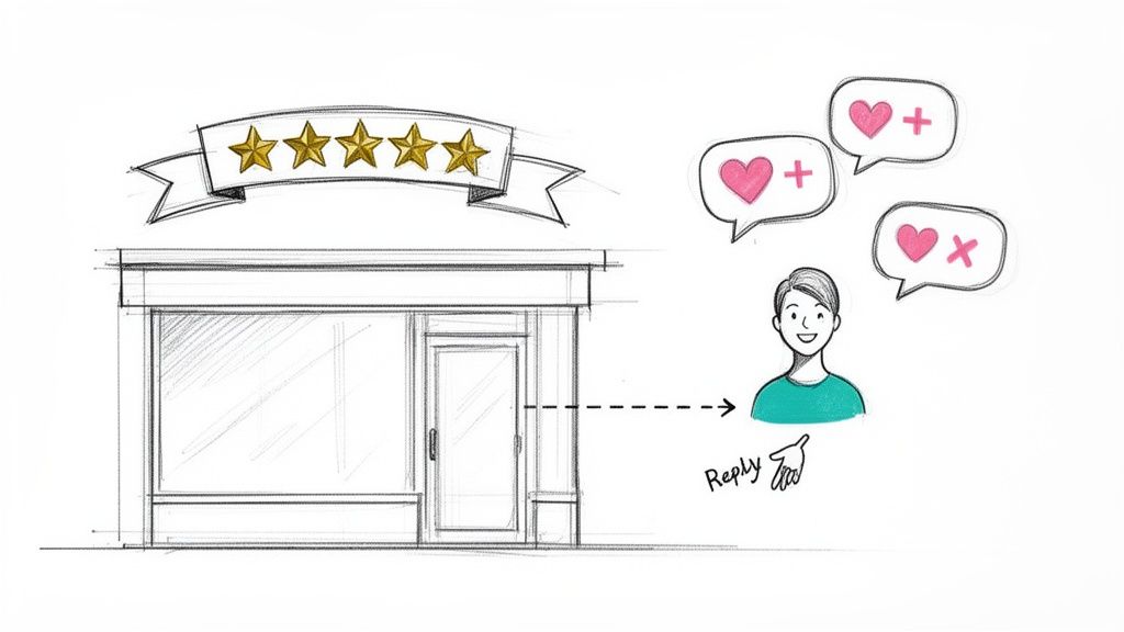 Sketch of a storefront with 5-star rating, customer feedback bubbles, and a 'Reply' hand, depicting online review management.