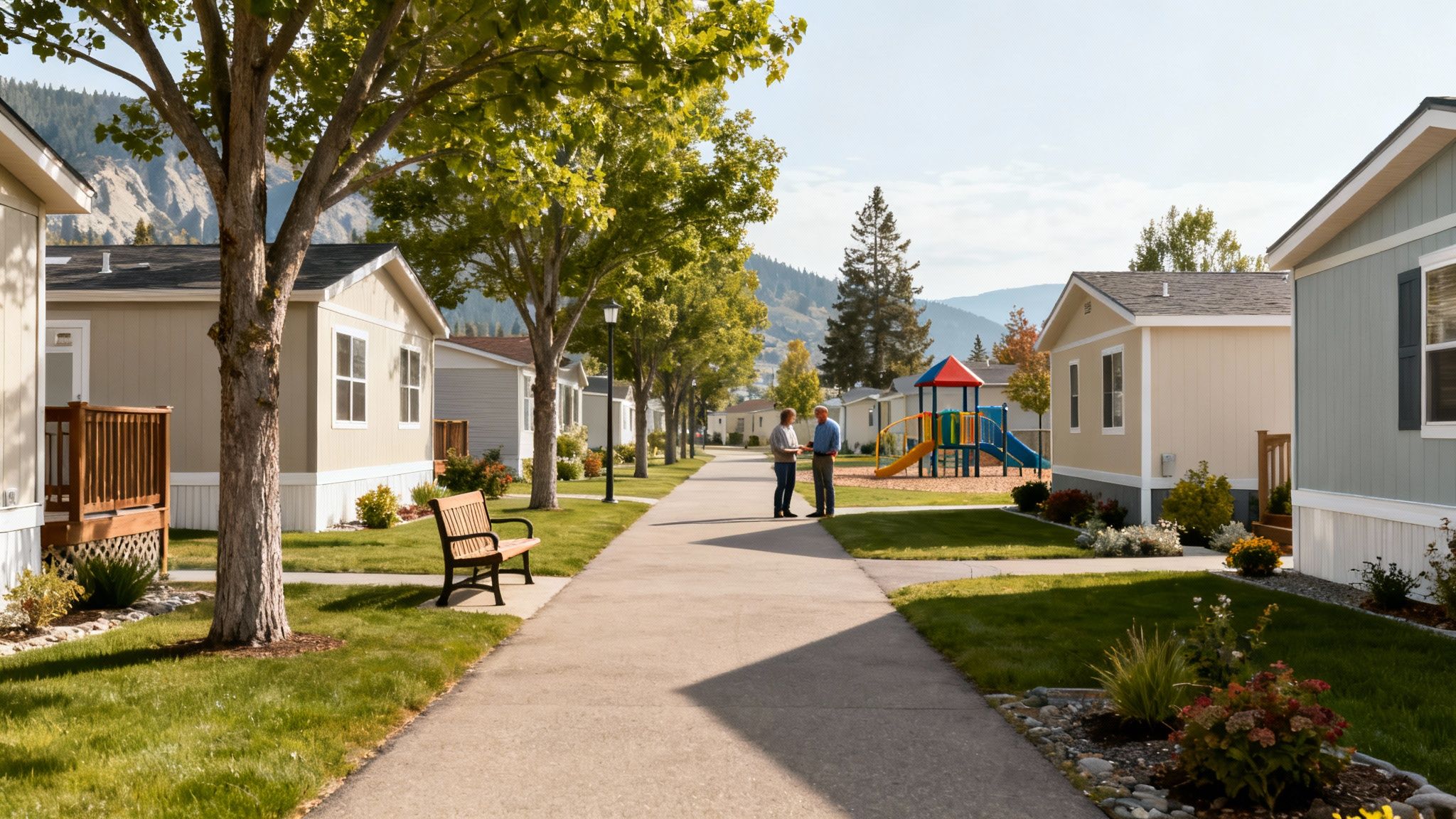 Two men talk on a path in a vibrant mobile home community with a playground and mountains.