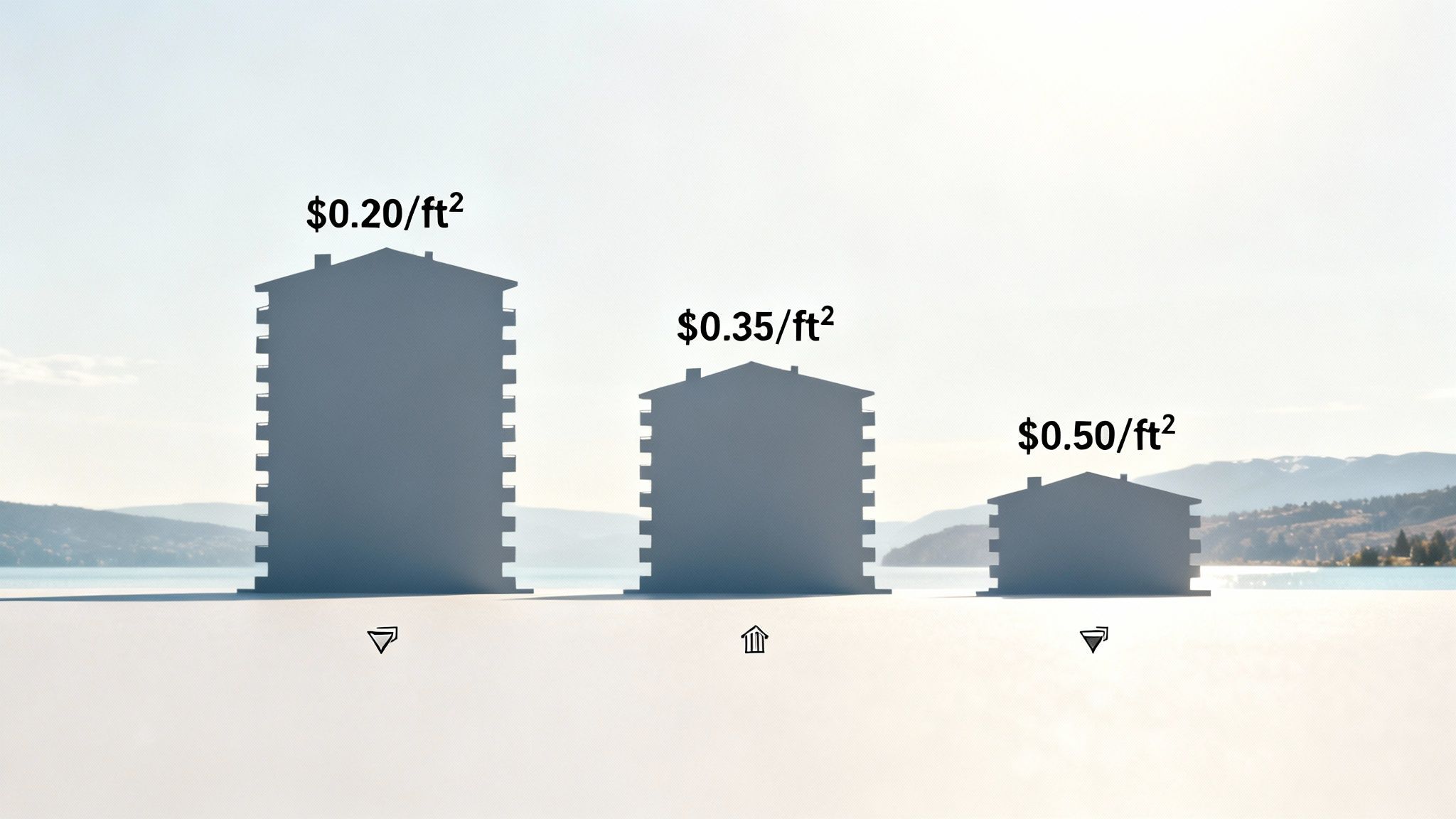 Three buildings illustrate varying strata fees per square foot, showing prices $0.20, $0.35, $0.50.