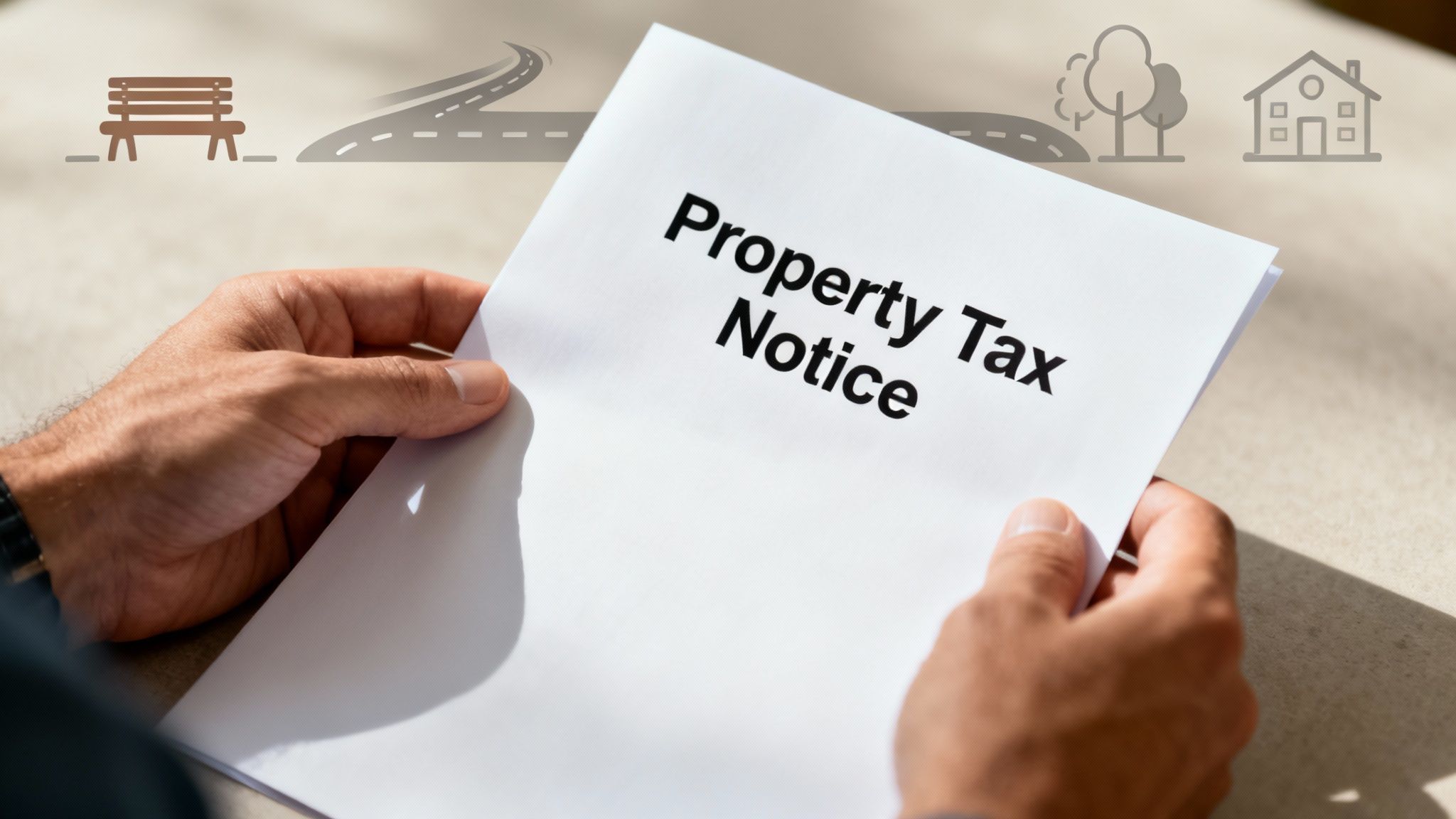 A person reviewing their property tax documents at a wooden desk with a laptop and coffee.