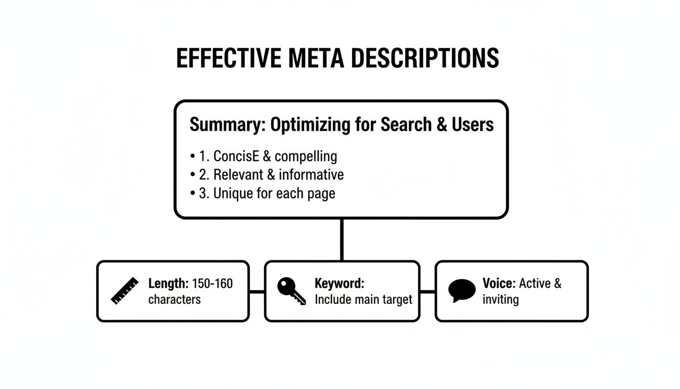 Flowchart outlining effective meta description tips for SEO, covering length, keywords, and voice.