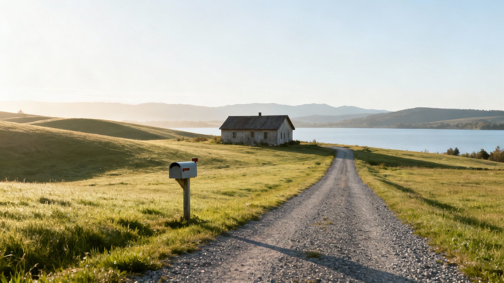 An old, rustic house sits by a serene lake, with a winding dirt road and mailbox.