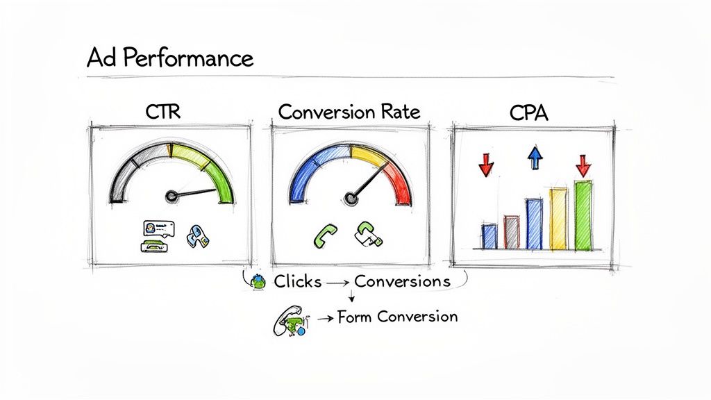 Illustration showing Ad Performance metrics: Click-Through Rate, Conversion Rate, and Cost Per Acquisition.