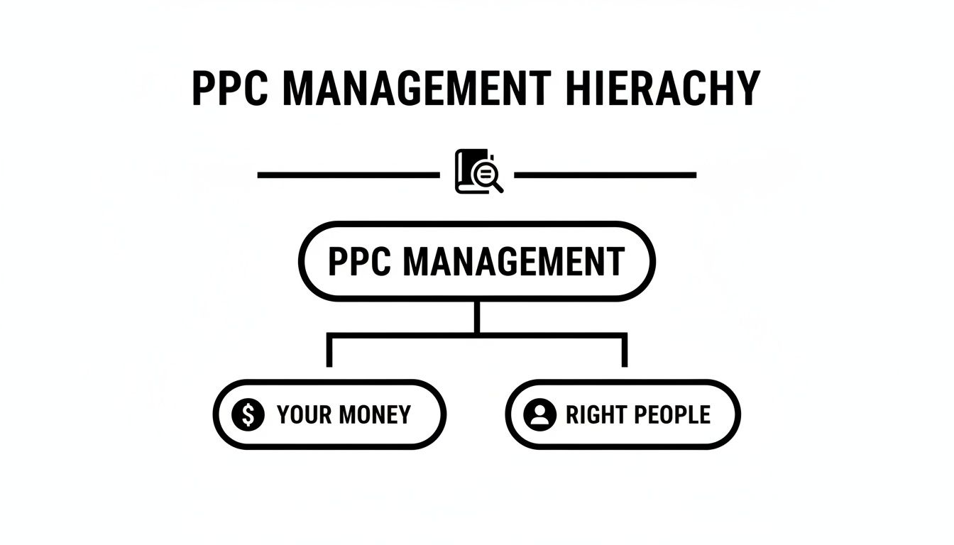 A hierarchy chart illustrating PPC Management, emphasizing the importance of your money and right people.