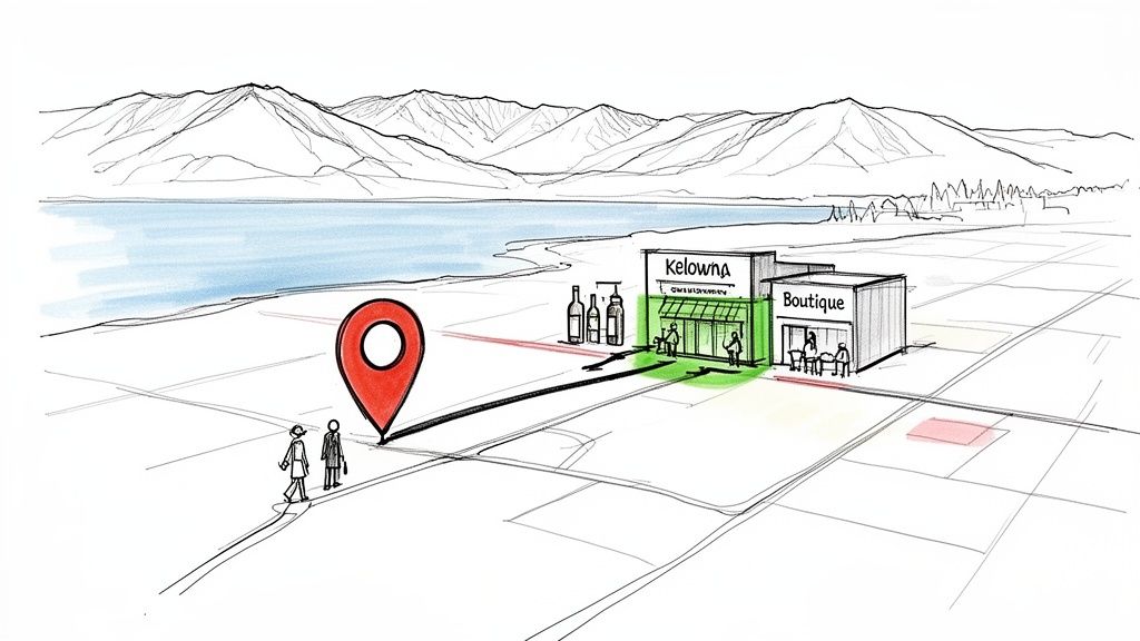 Map showing a red location pin, two people, a lake, mountains, and stores in Kelowna.