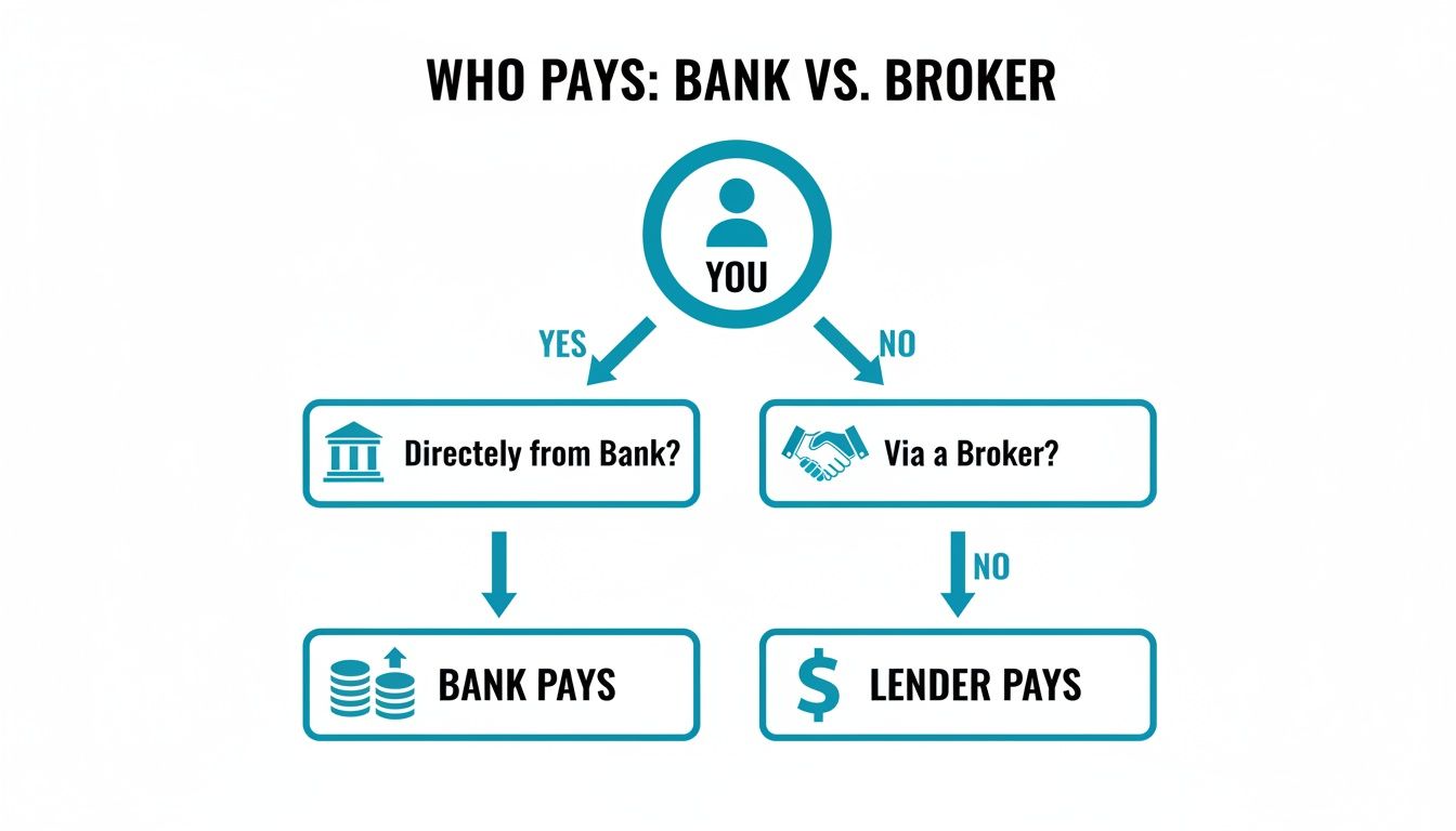 Flowchart comparing who pays for services when dealing directly with a bank versus a broker.